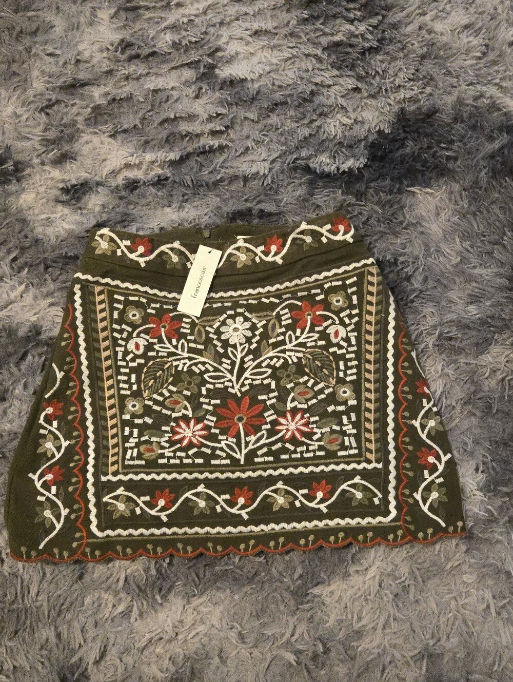 Francesca's Blue Rain Rosie Boho Floral Embroidered Olive Green Mini Skirt  S